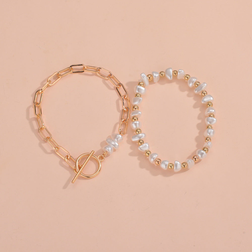 Wholesale Cute Shaped Pearls Mixed Gold Beads OT Buckle Adjustable 2-Piece Bracelet